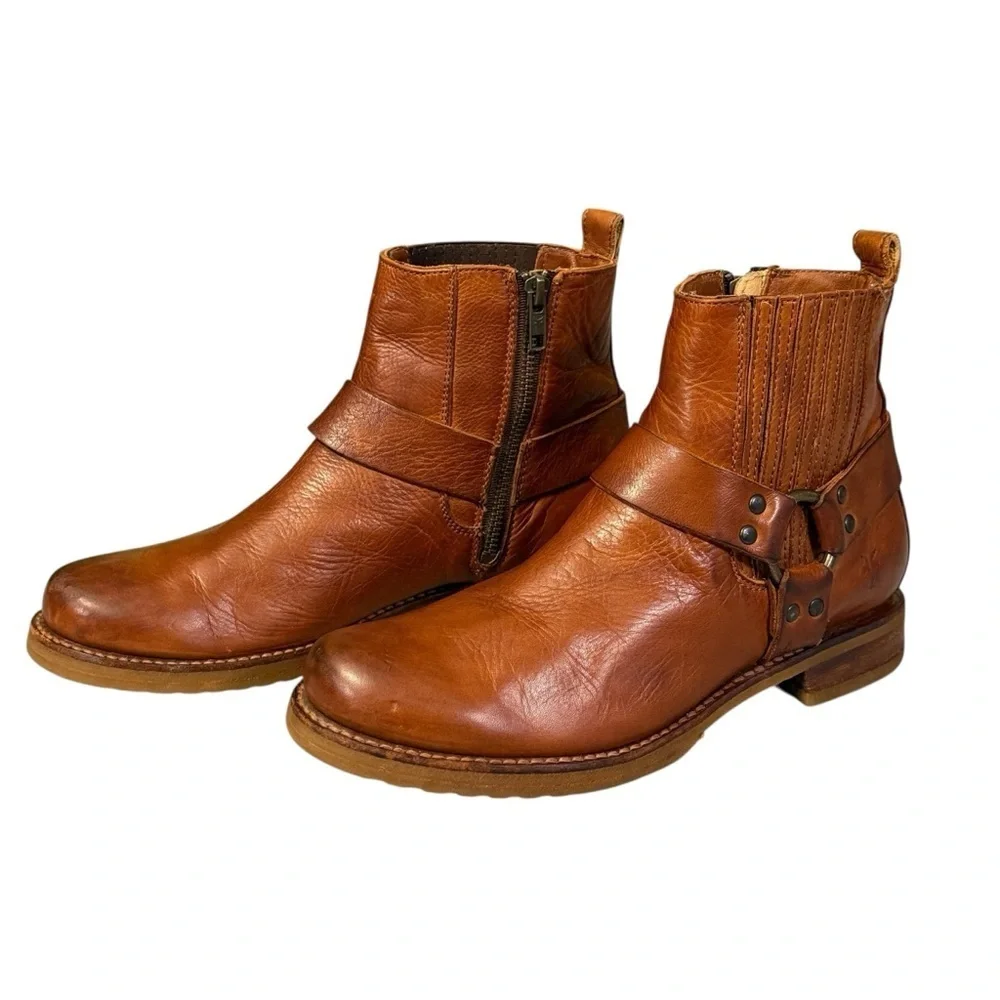Frye Veronica Harness Chelsea Whiskey Brown Leather Side Zip Boot Size 8.5 #1994